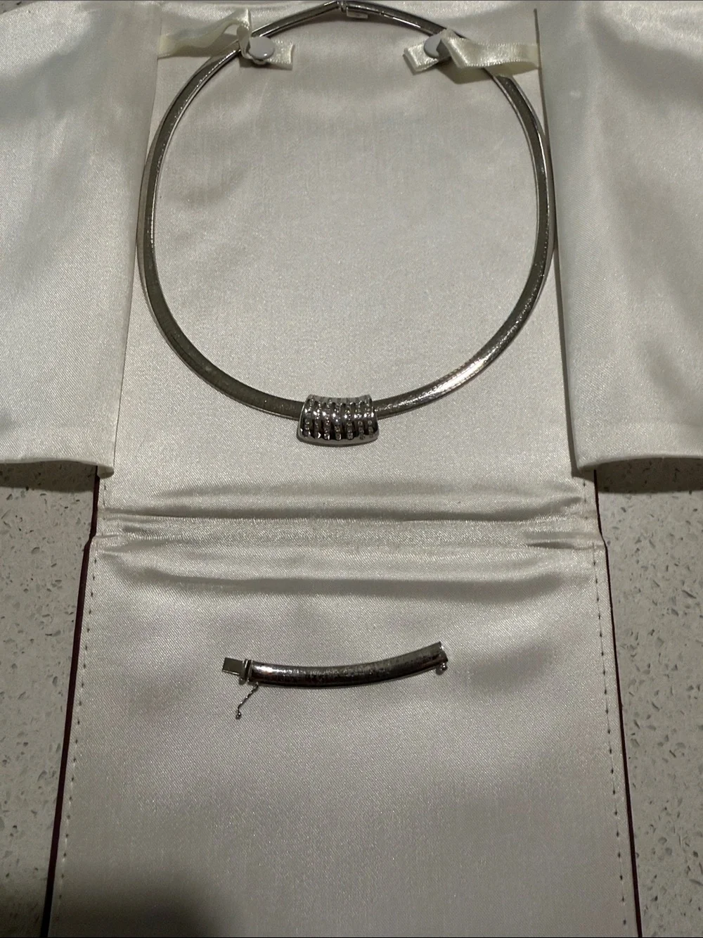Silver Herringbone Collar Necklace with Ribbed Slide Accent - Picture 2 of 6